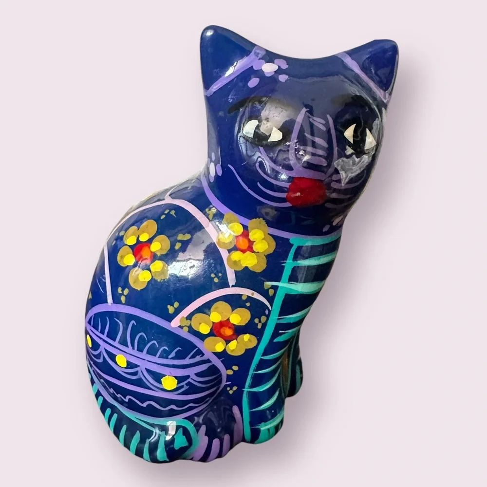 Vintage Hand Painted Ceramic Mexican Folk Art Talavera Cat Figurine With Flowers - Picture 2 of 13